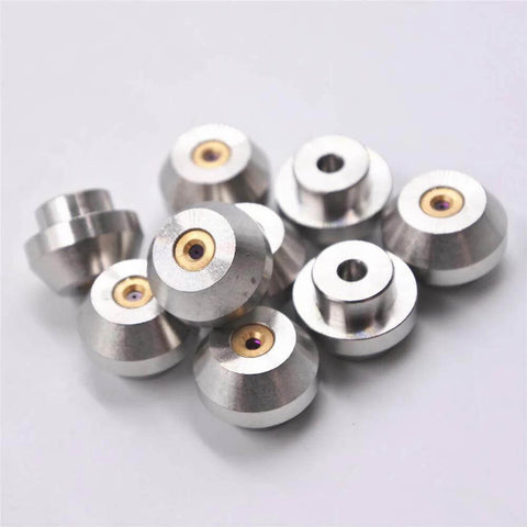 Waterjet nozzle orifice set, metal with brass inserts, 9 pieces, close-up view