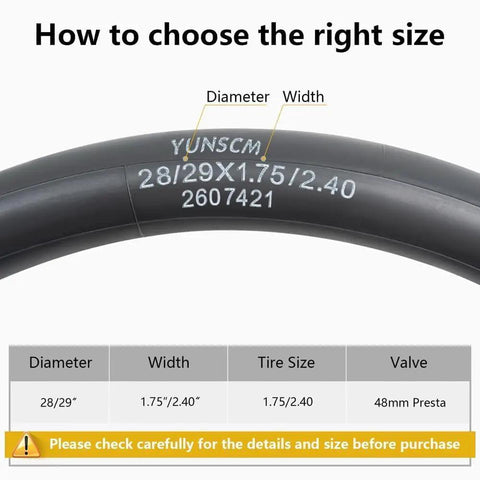 Heavy Duty Bike Inner Tubes For 28/29 Inch Wheels 28x1.75 To 2.40 And 29x1.75 To 2.40 FV48mm Presta Valve 2 Pack size guide
