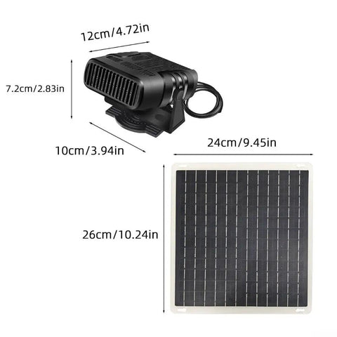 Slick 10W Solar Panel Heater For Cars And Small Barns, Portable Off Grid Winter Warming Device dimensions, solar panel and fan measurements.