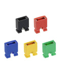 Colorful jumper caps from 200Pcs Mixed Jumper Caps Kit 2.54mm Pitch for Arduino Raspberry Pi PCB Projects, black, red, blue, yellow, green.