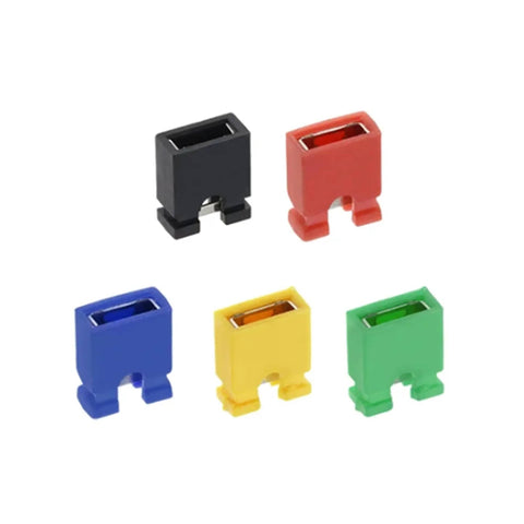 Colorful jumper caps from 200Pcs Mixed Jumper Caps Kit 2.54mm Pitch for Arduino Raspberry Pi PCB Projects, black, red, blue, yellow, green.