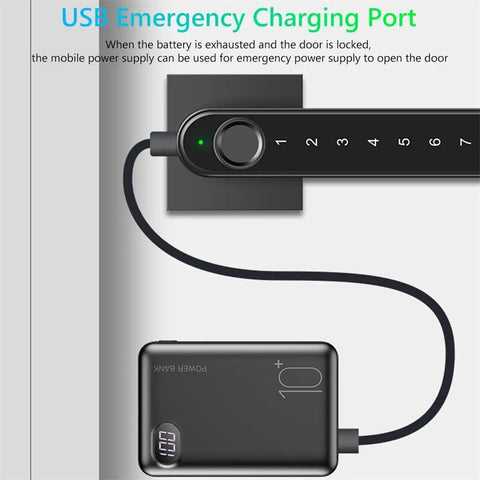 Smart App Synced Lever Handle Lock With Fingerprint Swipe And Custom Password Backup For Porch Security Wireless Entry Gear Loaded Capacity For The Whole Squad Smooth Rollout Install showing USB emergency charging port with power bank.