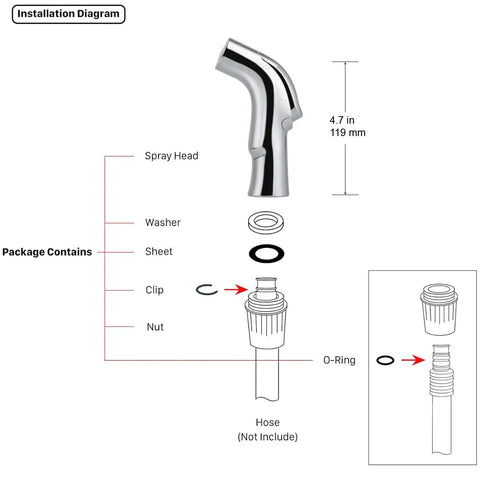 Installation diagram of Universal Kitchen Sink Spray Attachment Pull Out Faucet Sprayer Head Brushed Nickel Finish with components.