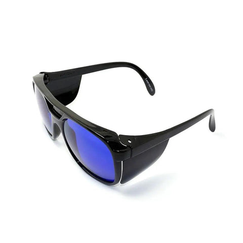 Heavy Duty Laser Safety Goggles For Red Diode Laser Protection OD 5 Plus 600 To 700 Nm Wavelength, black frame with blue lenses.