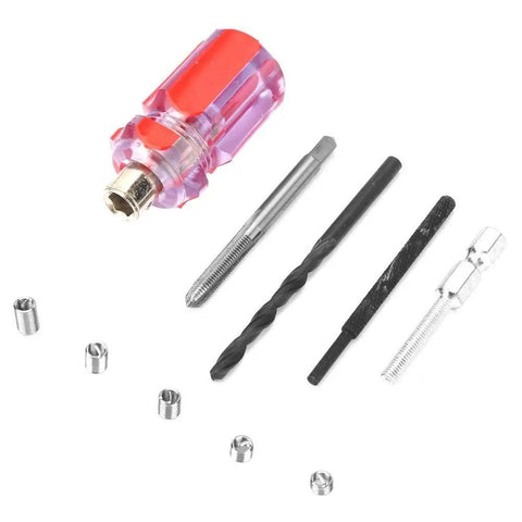Tools and inserts from 105 Piece Stainless Steel Threaded Inserts Repair Kit Helicoil Style Wire Inserts Installation Set DIY Friendly For Aluminum And Other Metals M4 X 0.7 Thread Size Includes Easy Install Tools displayed.