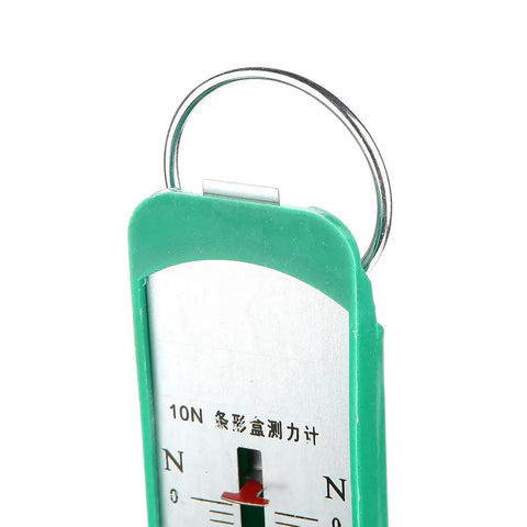 10 Newton Spring Dynamometer For Physics Lab Experiments A Hands On Dope Tool To Measure Force And Mass Up To 1 Kilogram Easy To Use Classroom And Home School Lab Instrument For Great Hands On Practice. green plastic 10N spring dynamometer, close-up scale and metal ring