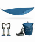 Wallaby Lightweight Hammock With Straps Portable Chill Spot Glacier Blue, carabiners, straps, and carry bag shown