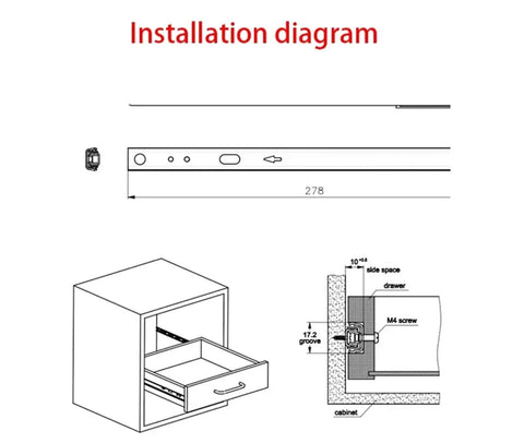 Installation diagram for 2 Pack Ball Bearing Drawer Slides 8 To 16 Inch For Cabinets And Furniture, showing detailed measurements.