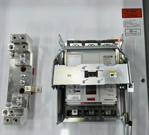 Straight Up Heavy Duty Arc Flash Prevention Gear Featuring A Top Shelf 1200 Amp 65KA Enclosed Circuit Breaker with components shown.
