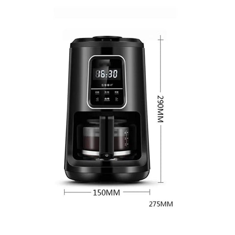Compact Automatic Freshly Ground Coffee Brewer With Onboard Bean Grinder And Programmed Cup Settings, 290mm tall, black finish.