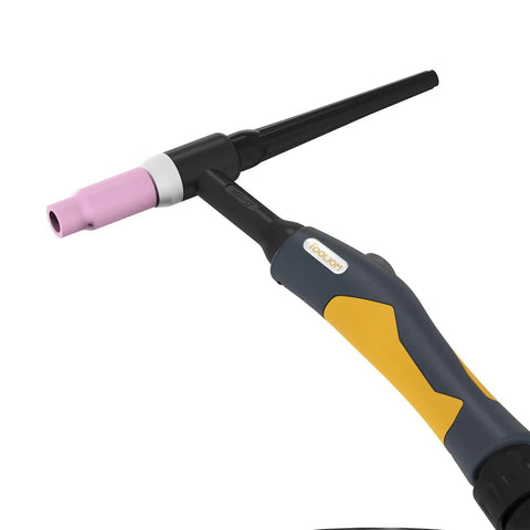 TL-200TP Pro TIG Welding Torch Replacement with 4M Cable in black and yellow, showing detailed nozzle and handle for precise welds.