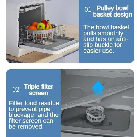 Compact Countertop Dishwasher For Four Place Settings features pulley bowl basket and triple filter screen for easy use and maintenance.