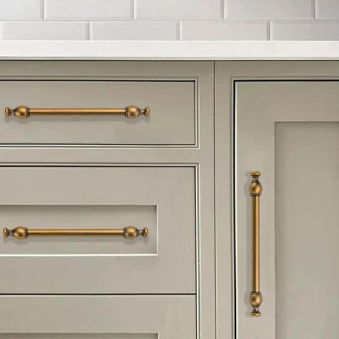 Five Pack Antique Brass Cabinet Pulls 5 Inch 128mm Heavy Duty Solid Zinc Alloy Handles Built To Last Tough As Nails For Kitchen Cabinets Drawers Cupboards And Bathroom Vanity Anti Oxidation Finish Durable Hardware For Everyday Use on gray cabinet doors