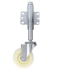 Four Inch Nylon Gate Wheel With Spring Loaded Caster For Automatic Height Adjustment And Eliminated Gate Sag On Uneven Terrain, featuring a nylon wheel and metal frame.