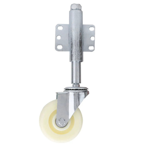 Four Inch Nylon Gate Wheel With Spring Loaded Caster For Automatic Height Adjustment And Eliminated Gate Sag On Uneven Terrain, featuring a nylon wheel and metal frame.