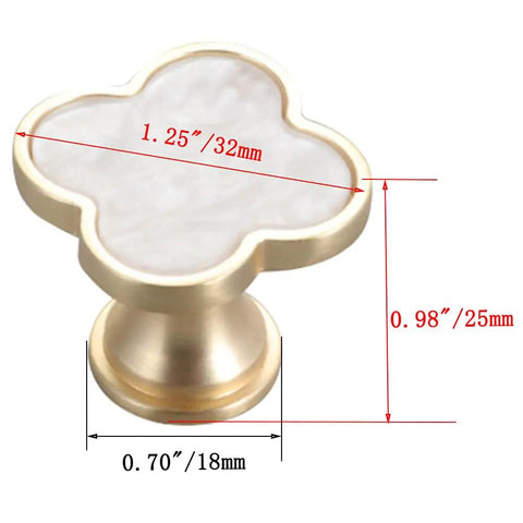 Clover-shaped gold tone knob with white finish, dimensions 32mm x 25mm, from Six Pcs Clover Knob Set Gold Tone Four Leaf Cabinet Drawer Pulls Zinc Alloy Single Hole Door Handle For Dresser Wardrobe White Finish Easy To Install With Clean Look And Durable Polished Hardware For Cabinets And Furniture