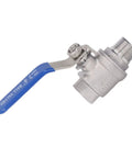 Rock Solid Heavy Duty 1/2 Inch NPT Ball Valve Made From Top Tier 304 Stainless Steel featuring blue handle for water shut off.