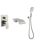 Wall Mounted Bathtub Faucet With Hand Sprayer And Waterfall Spout All In One Tub Shower Set With Rough In Valve Trim Kit Brushed Nickel Finish