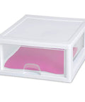 Front view of 6 Pack 16 Quart Stacking Storage Drawer for Closet Organization, clear plastic with white frame, pink fabric inside.