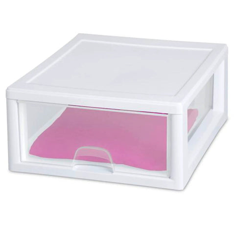 Front view of 6 Pack 16 Quart Stacking Storage Drawer for Closet Organization, clear plastic with white frame, pink fabric inside.