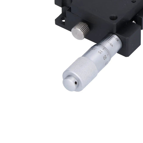 Close-up of the micrometer component on the Rotary Positioning Stage 40x40mm Aluminum Alloy Plus Minus 10 Degree FineTune Rotation Table.