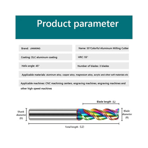 JIANXING 6mm carbide square end mill, 3-flute with DLC coating; colorful aluminum milling cutter diagram with dimensions