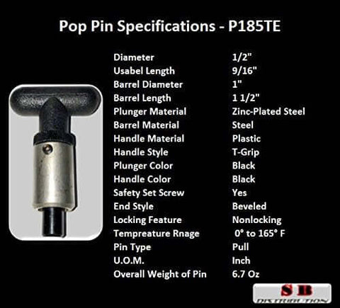Two Pack Heavy Duty Pop Pull Pin Set With Weld On Steel Barrel One Inch Diameter By One And A Half Inch Length One Half Inch Diameter Spring Loaded Zinc Plated Steel Plunger Plastic T Handle Knob Knurled Round Nut With Grub Screw Lock specifications chart and product image