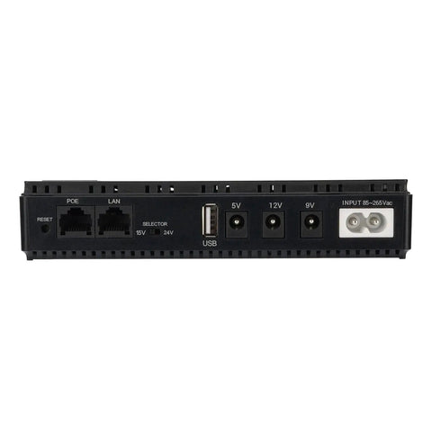 Plug And Play 10400mAh Ups Battery Backup For Routers And Modems Features rear view with ports including USB, POE, and power input.