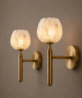 Modern Brushed Brass Wall Sconce Light - Fluted Alabaster Glass Shade Wall Mounted Lamp for Bedroom, Living Room, Hallway & Bedside Decor (Bulb Not Included)