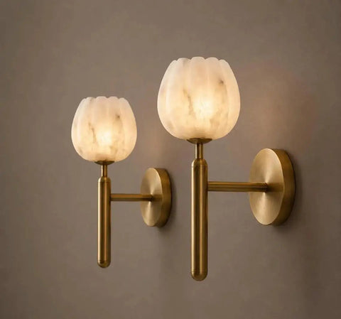 Modern Brushed Brass Wall Sconce Light - Fluted Alabaster Glass Shade Wall Mounted Lamp for Bedroom, Living Room, Hallway & Bedside Decor (Bulb Not Included)