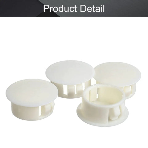 White Three Quarters Inch Plastic Hole Plugs Flush Round Snap Covers For Cabinets And Furniture End Caps Locking Panel Hole Plugs