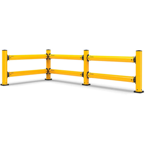 Middle Post for Protective Plastic Guard Rails, 42 Inch Yellow, Bolt On From Either Side to Extend Your Guard Rail System, Self Healing Design Cuts Replacement Costs, Durable Safety Upgrade for Industrial Facilities shown in a corner setup