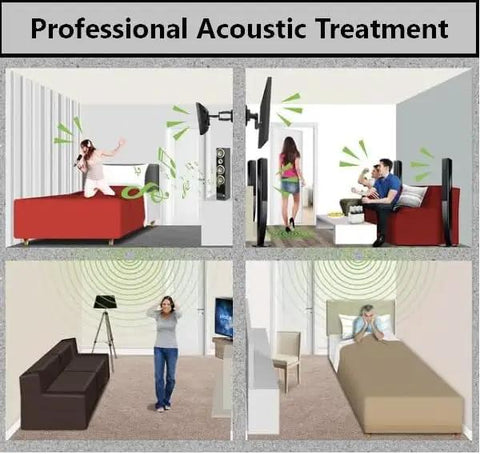 Top Shelf Egg Crate Foam Soundproof Panels High Density Fireproof Wall Acoustics 48 X 24 X 2 Inches Black Noise Blocking Foam For Home Studio Chill Hangout Zero Echo Room Makeover image showing varied acoustic treatments in home settings.