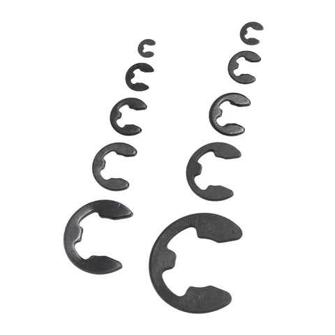 E Clip Assortment Kit With 580 Pieces Stainless Steel E Type Retaining Rings arranged by size on white background.
