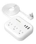 US To Europe Travel Plug Adapter With USB C And Three USB Ports Three Outlets Three Foot Cord White