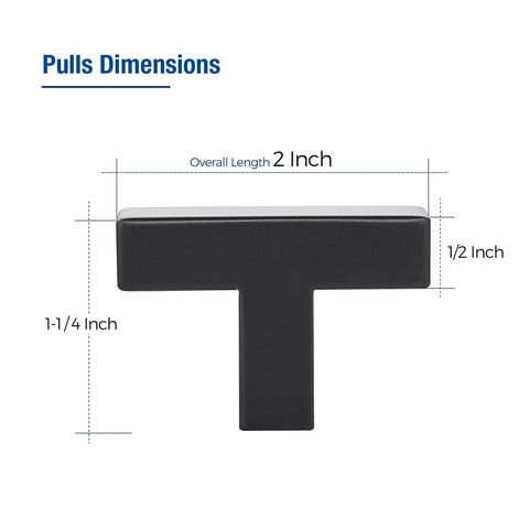 2 Pack Black Cabinet Knobs 2 Inch Overall Length Single Hole Drawer Handles dimensions diagram