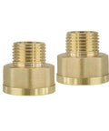 Two brass pipe fittings; 3/4 in NPT to 1/2 in NPT reducer adapters, hex body, front view