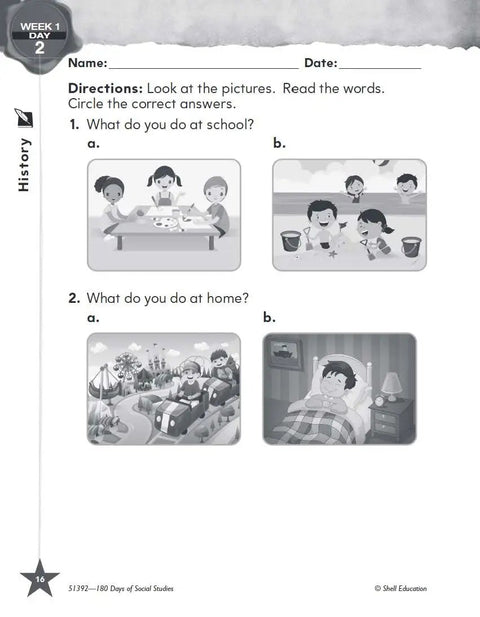 Social Studies For Kindergarten Daily Practice Workbook page with kid-friendly activities on school and home routines.