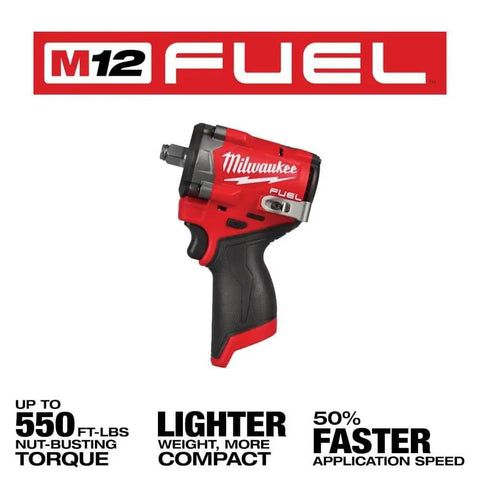 M12 FUEL Stubby Half Inch Impact Wrench With 550 Ft Lbs Torque, Compact 4.9 Inch Frame, front view