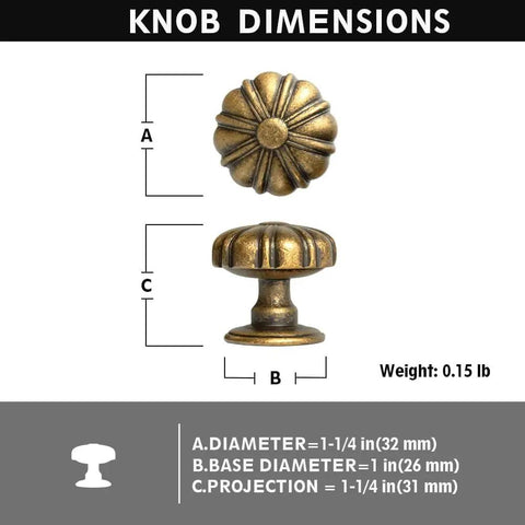 Set Of 12 Rustic Floral Antique Brass Cabinet Knobs For Kitchen Drawers with dimensions and weight details