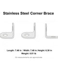 Diagram of Stainless Steel 90-Degree Corner Brace For Furniture Joints And Shelf Support, showing dimensions and weight.