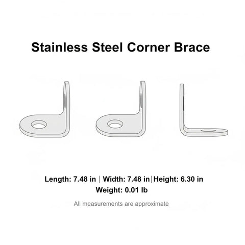 Diagram of Stainless Steel 90-Degree Corner Brace For Furniture Joints And Shelf Support, showing dimensions and weight.