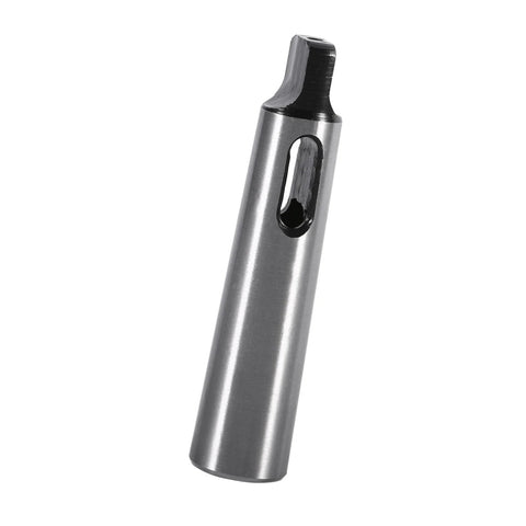 Side view of Morse taper drill sleeve adapter MT1–MT2, silver metal with black tapered end and side slot.