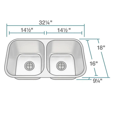 Diagram of Undermount Stainless Steel 32 and a Quarter Inch Double Bowl Kitchen Sink, dimensions and bowl size labeled