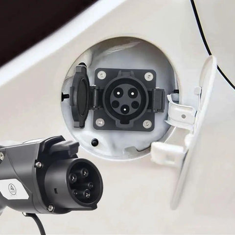 J1772 Type One Evse Charging Inlet With One Meter Cord And Locking Cap For 120V And 240V Up To 80 Amps Ip54 Rated showing charging port connection.