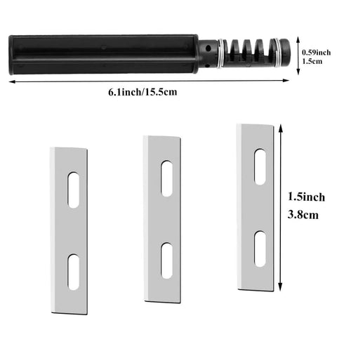 Leather Cord Knife Craft Kit With Three Replaceable Blades, showing dimensions of the knife and blades separately.