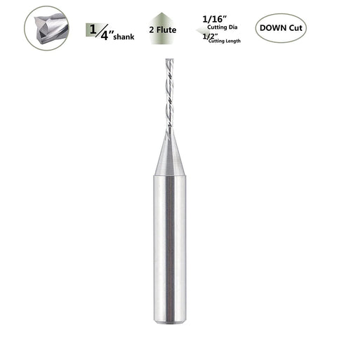 Down Cut Spiral Router Bit One Sixteenth Inch Cutting Diameter With One Quarter Inch Shank For Woodworking And CNC Routers