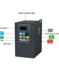 Front view of One Phase To Three Phase VFD Converter for 220V motors, showing display screen, control buttons, and status indicators