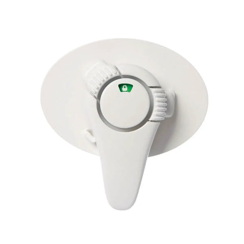 Ezy Check Swivel Appliance Lock with green locked indicator, white finish, top view