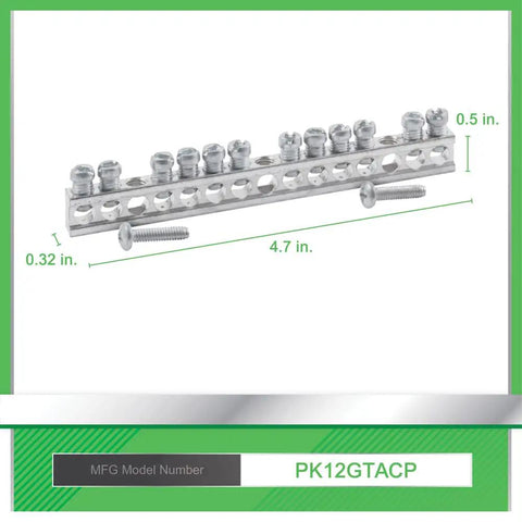 12 Terminal Ground Bar Kit For Electrical Panels Aluminum Surface Mount with dimensions and screws visible